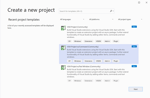 Template-Auswahl im Visual Studio Community Toolkit