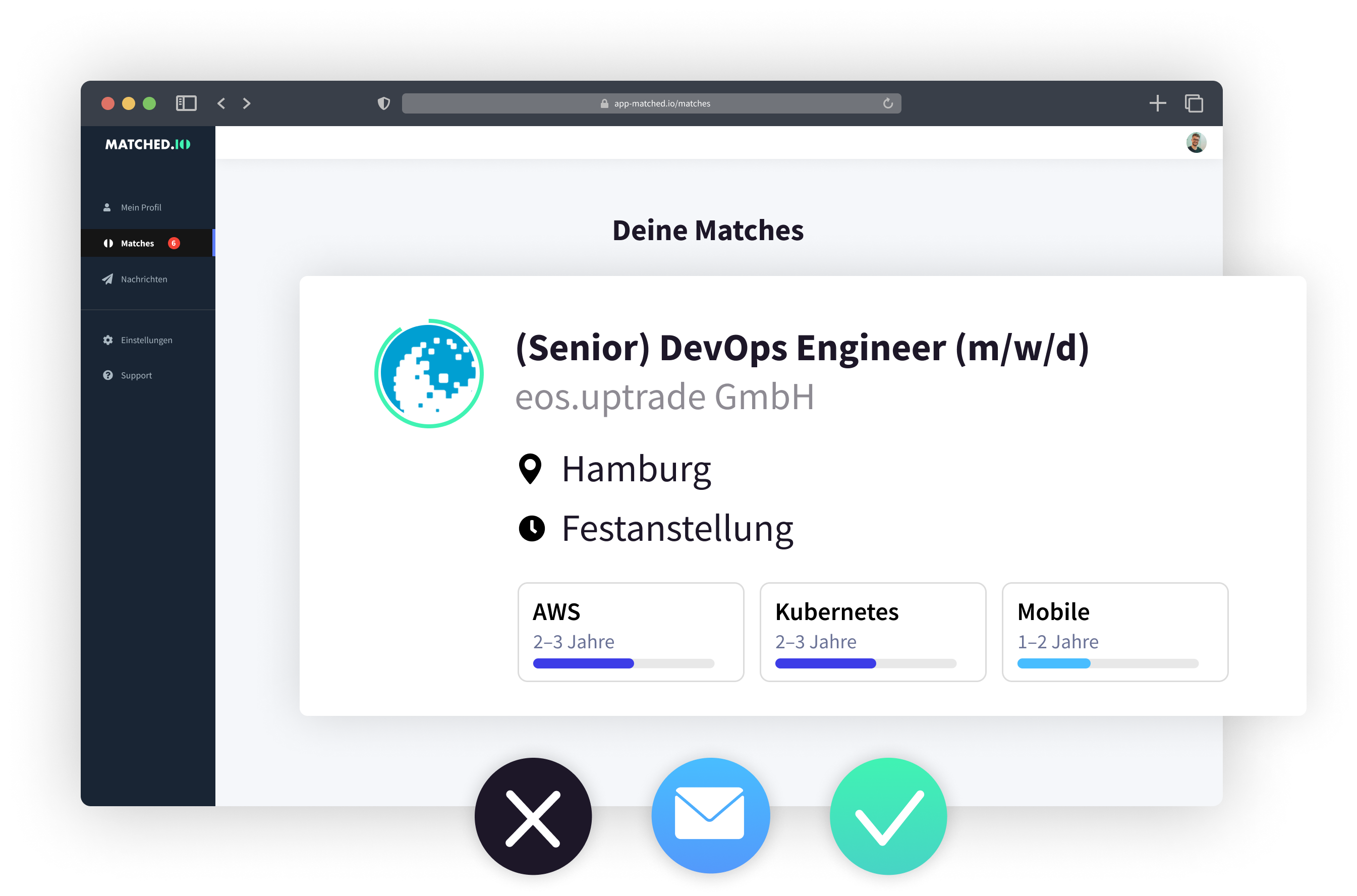 Matchcard von matched.io, einem Vermittlungsportal für Entwicklerjobs