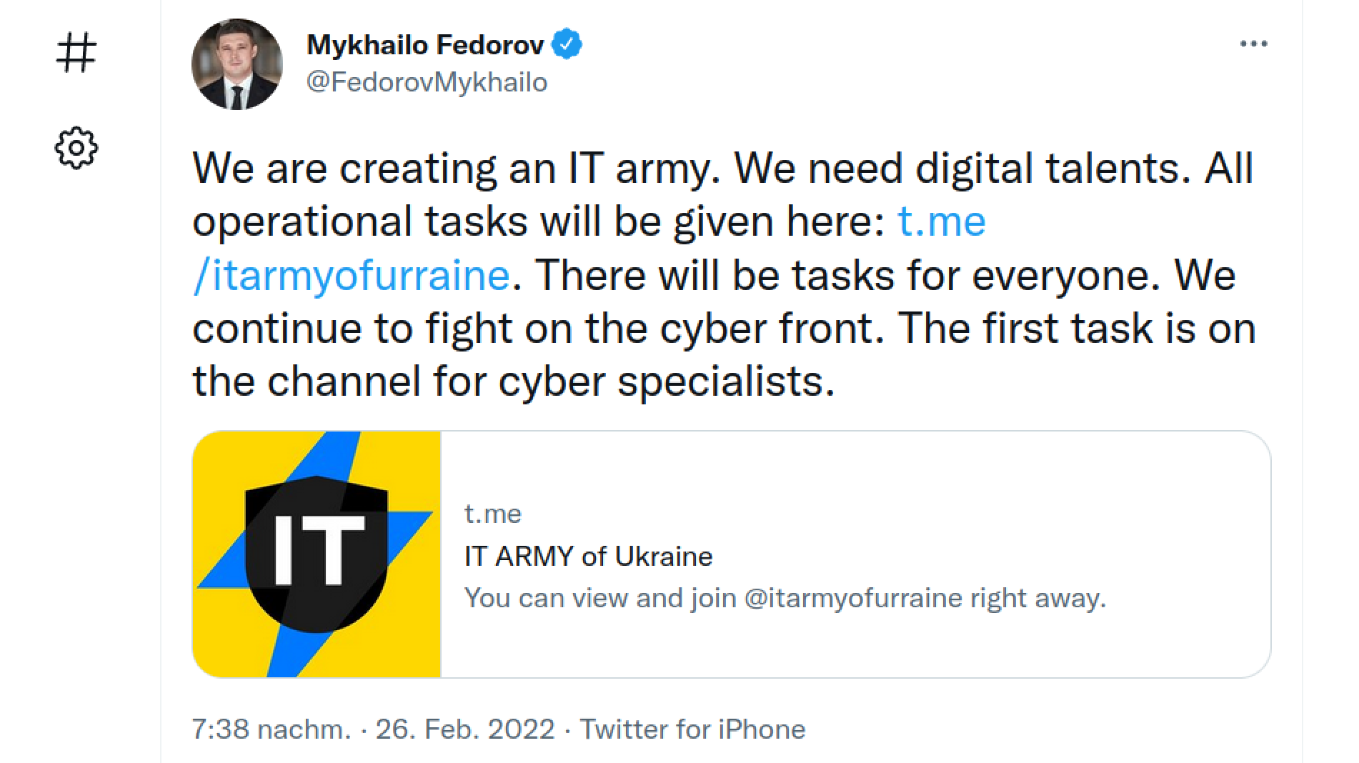 Der ukrainische Minister für digitale Transformation, Mykhailo Fedorov, ruft auf Twitter zur Teilnahme an der IT-Armee auf., 