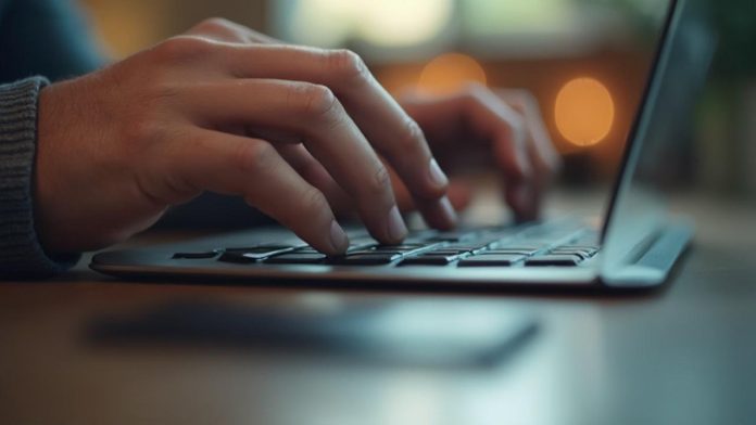 Gros plan des mains d'une personne tapant sur un clavier d'ordinateur portable