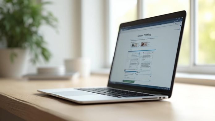 Ordinateur portable ouvert affichant une page web sur un bureau près d'une fenêtre