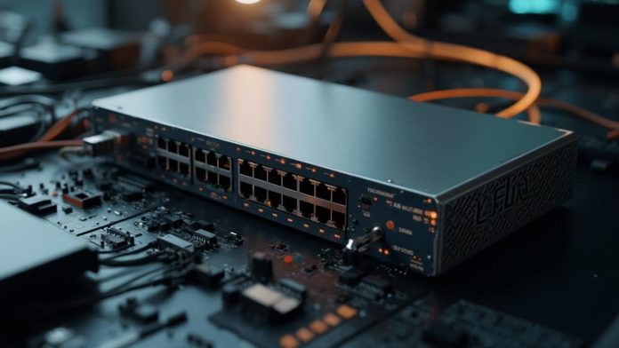 Commutateur réseau noir avec de nombreux ports Ethernet sur un bureau