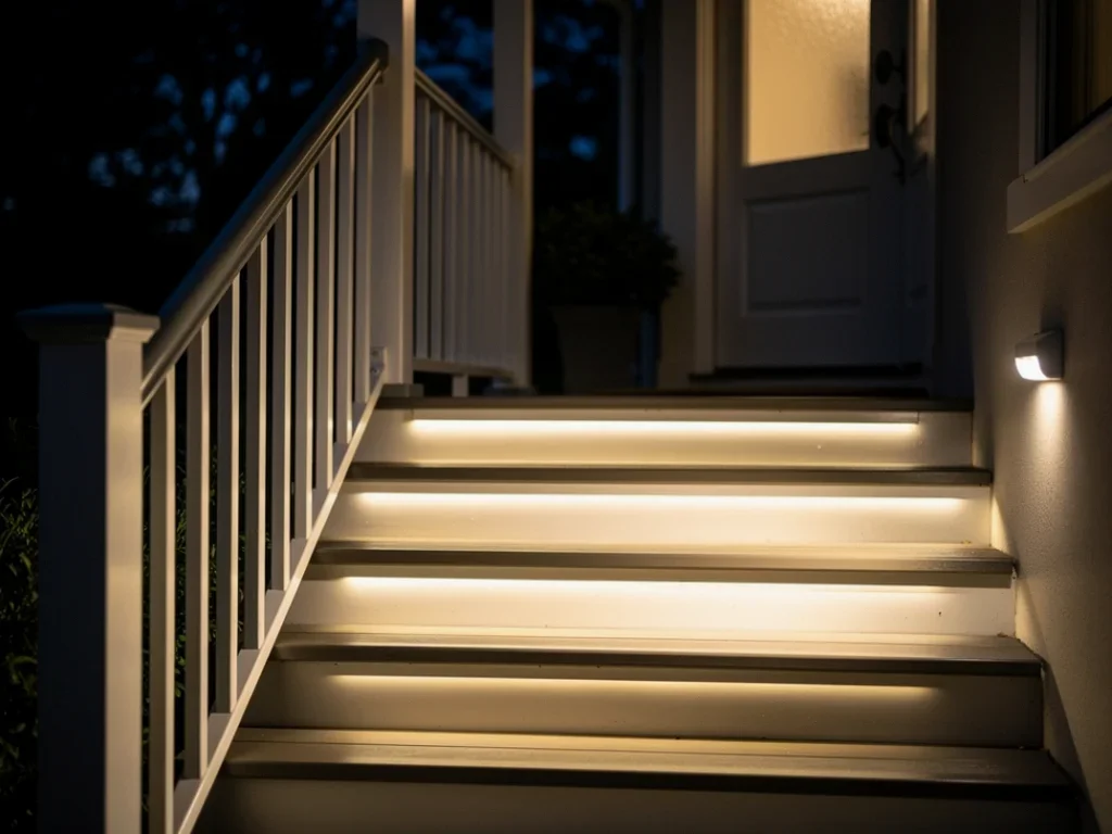 Escalier bien éclairé par des lampes à détection de mouvement, créant une ambiance sécurisante la nuit